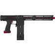 Black with red accents mag or hopper fed paintball marker.