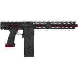 Black with red accents mag or hopper fed paintball marker.