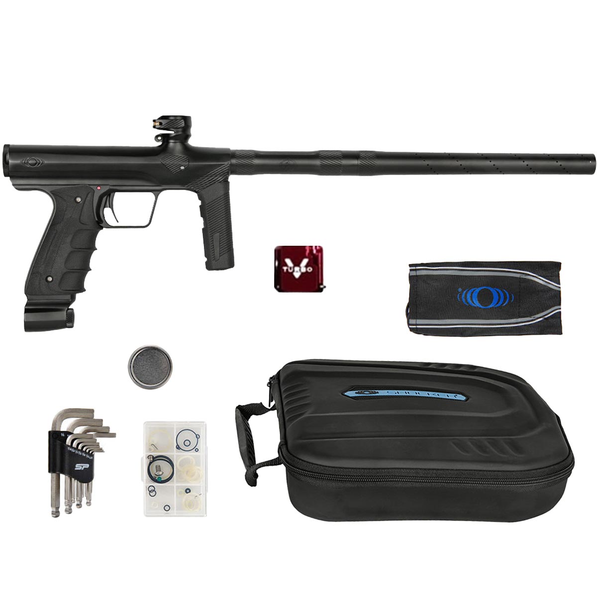 Shocker Era Mechanical Paintball Marker w Turbo Valve Black with accessories and case on a white background