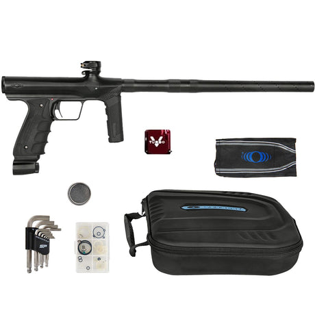 Shocker Era Mechanical Paintball Marker w Turbo Valve Black with accessories and case on a white background