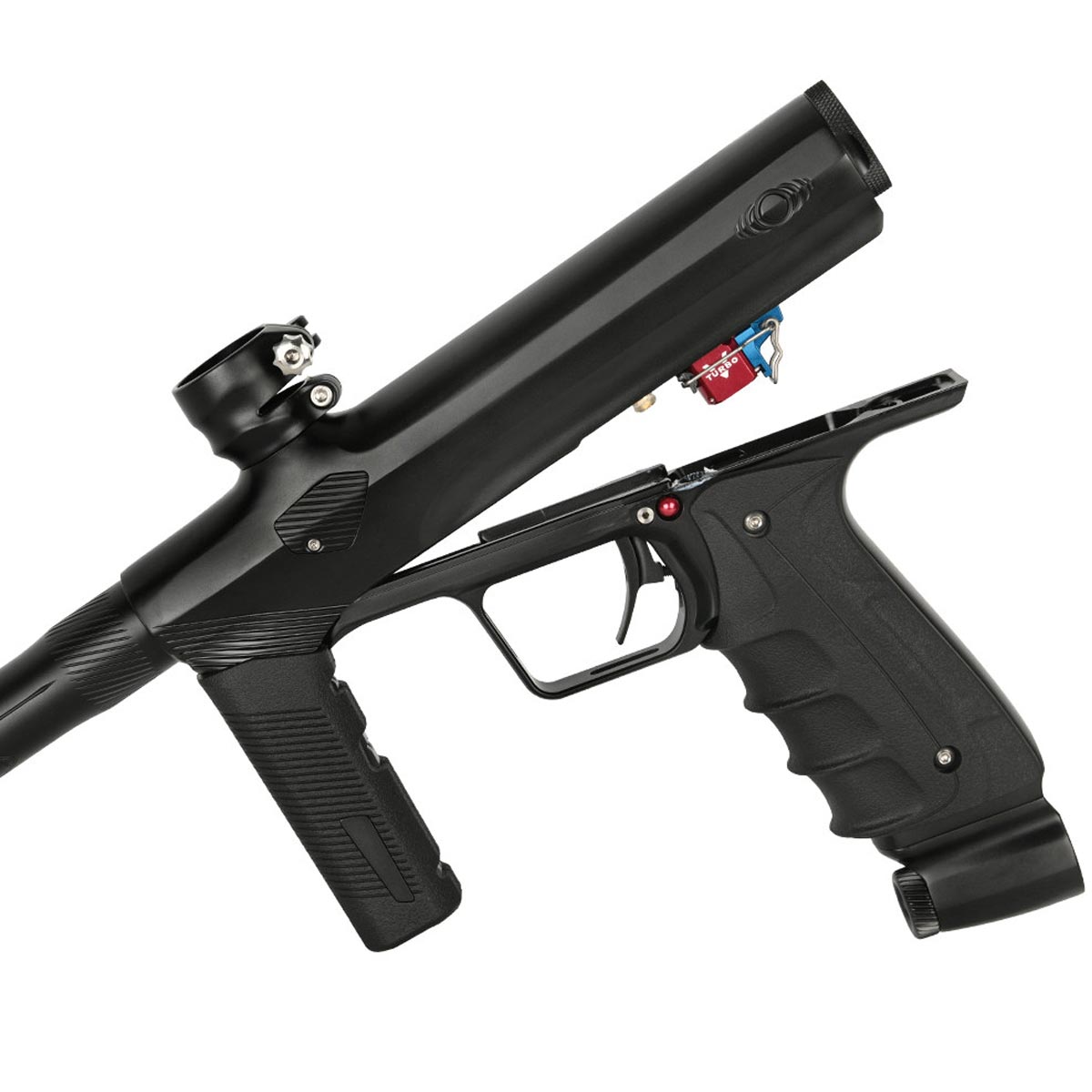 Shocker Era Mechanical Paintball Marker w Turbo Valve Black open to show Turbo on a white background