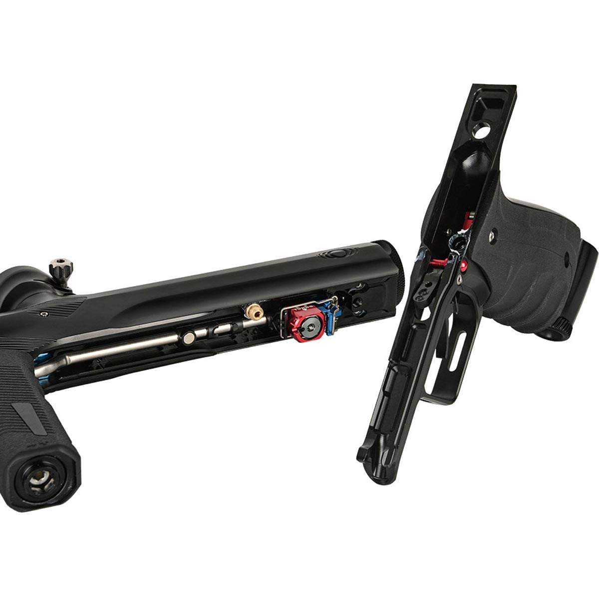 Shocker Era Mechanical Paintball Marker w Turbo Valve Black open to show Turbo on a white background