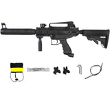 Black semi-auto paintball marker and accessories.