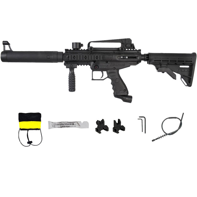 Black semi-auto paintball marker and accessories.