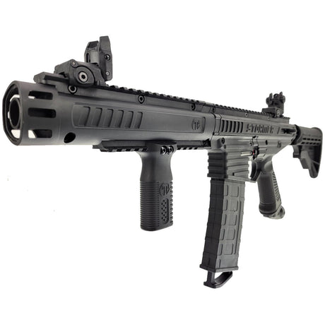 Right side angle Tippmann Stormer Elite Dual Feed Paintball Marker Black on a white background