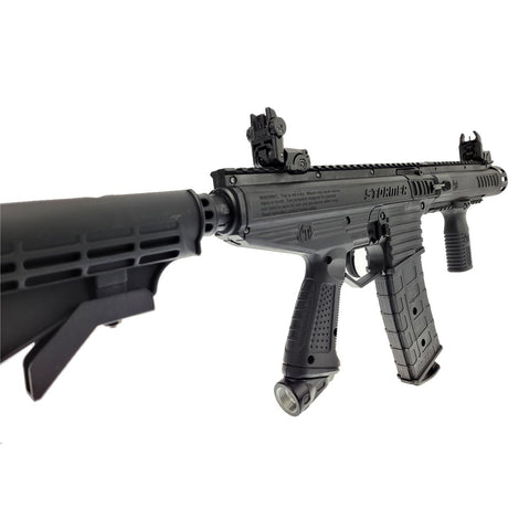 left side angle Tippmann Stormer Elite Dual Feed Paintball Marker Black on a white background