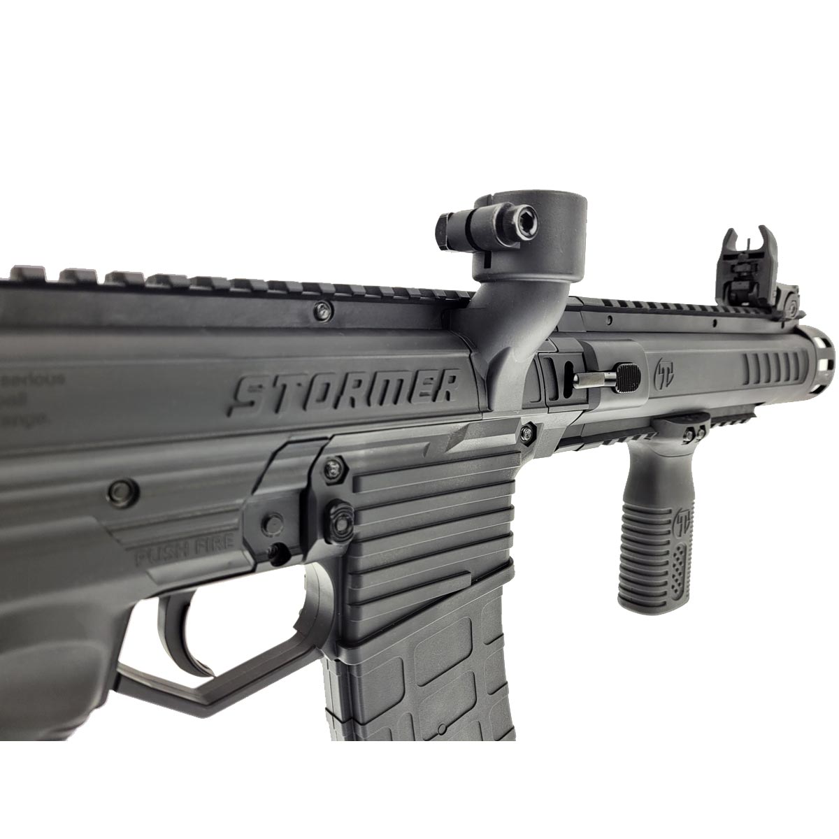 Close up of hopper adapter Tippmann Stormer Elite Dual Feed Paintball Marker Black on a white background