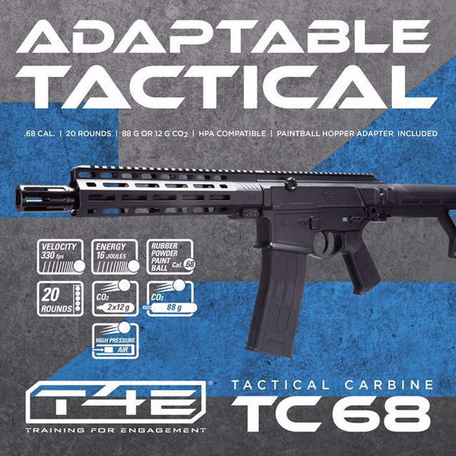 Tactical TC 68 carbine with specifications on a gray and blue background, featuring the brand 'Training for Engagement'.