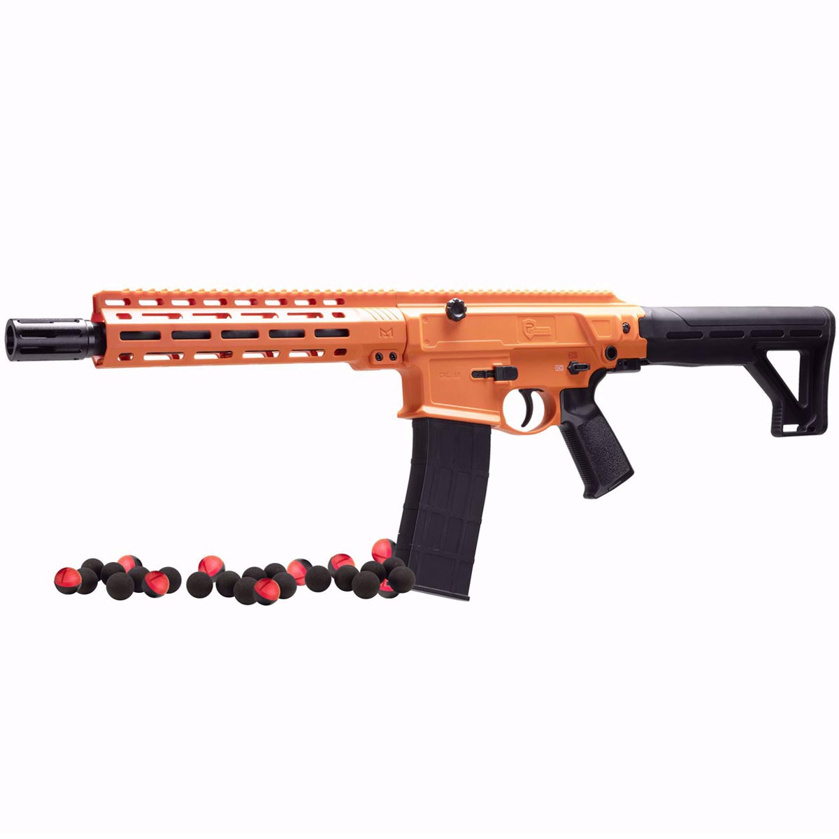 Black and orange P2P Defensor 68C Full Auto Home Defense Pepper Rifle 40 Joules on a white background with pepper rounds