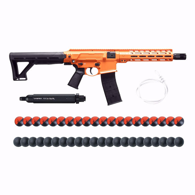 P2P Defensor 68C Full Auto Home Defense Pepper Rifle 40 Joules with adapter, cleaner, pepper rounds and hard rubber rounds on a white background