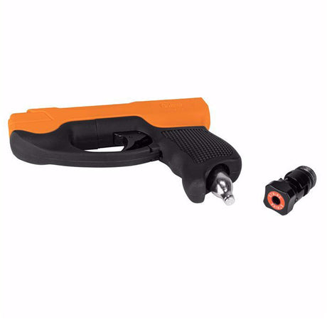 Umarex P2P HDP 50 Gen 2 Compact Pistol .50 Caliber Orange black on side with cap removed and co2 exposed