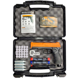 The image shows an open black case holding a .50 caliber Umarex HDP50 Gen 2 P2P Home Defense Pistol with orange accents, accompanied by 12-gram CO2 cartridges, a cleaning rod, a lockable case, and a assortment of round projectiles including pepper rounds.