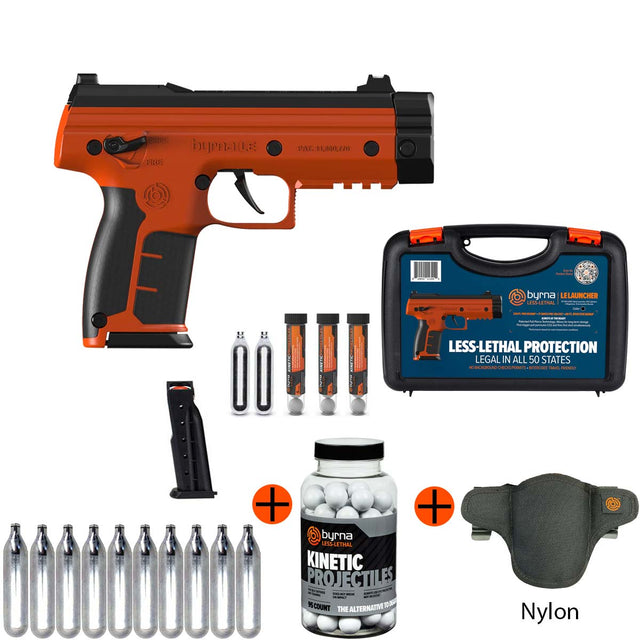 Byrna LE Gen 2 Orange Less Lethal launcher bundle with nylon holster