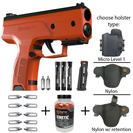 Orange Byrna CL less than lethal launcher with holsters, projectiles and CO2