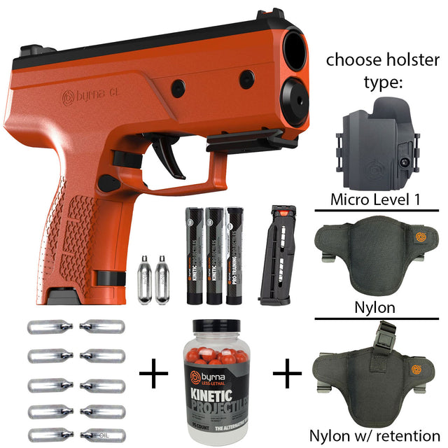 Orange Byrna CL less than lethal launcher with holsters, projectiles and CO2