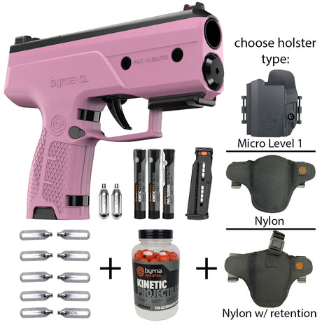 Pink Byrna CL less than lethal launcher with holsters, projectiles and CO2
