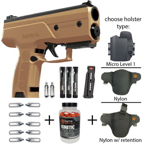 Byrna CL with accessories including holsters, projectiles, and a container labeled 'Byrna Kinetic Projectiles' on a white background.