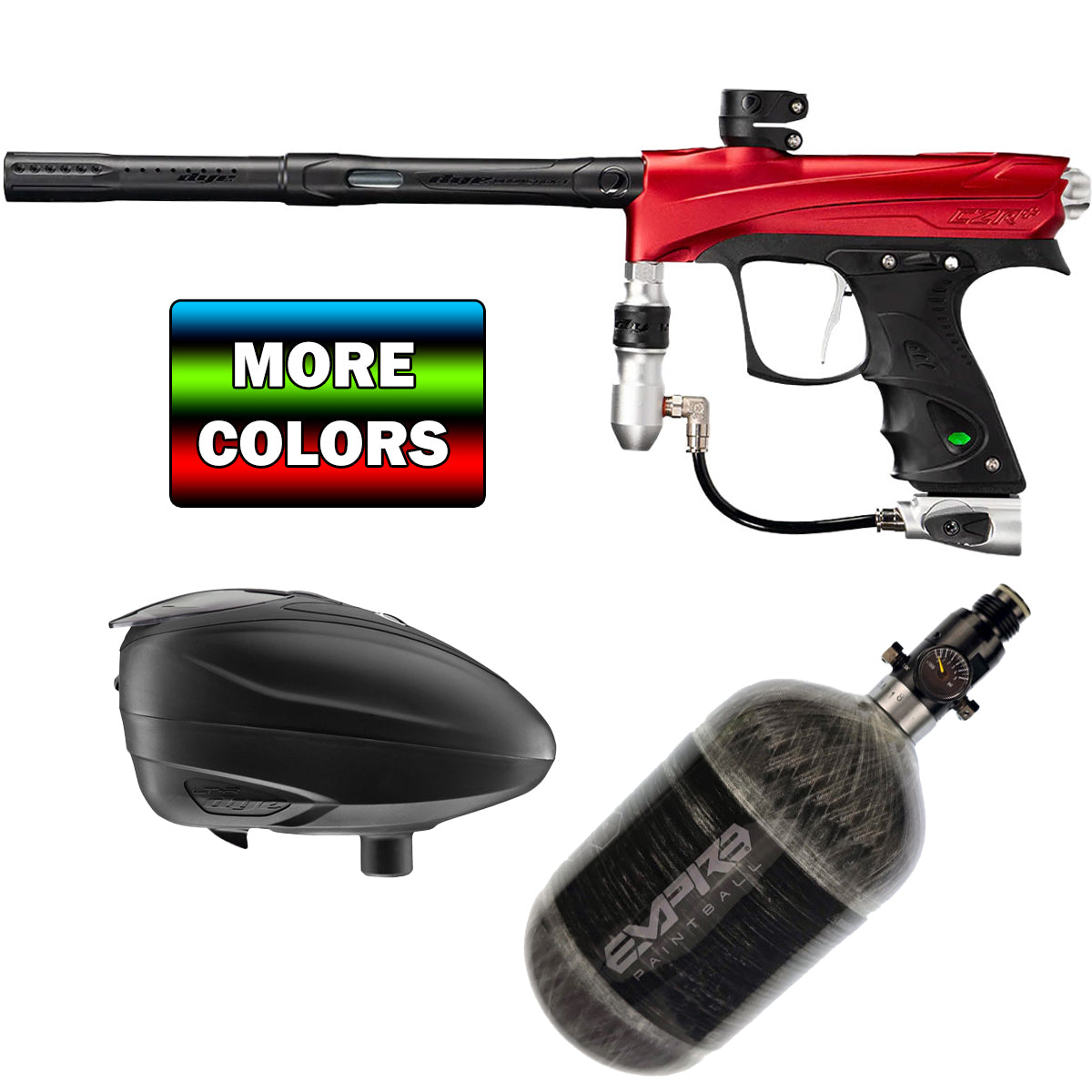 Red and black Dye Rize CZR paintball gun with a black paintball canister and black paintball on a white background.