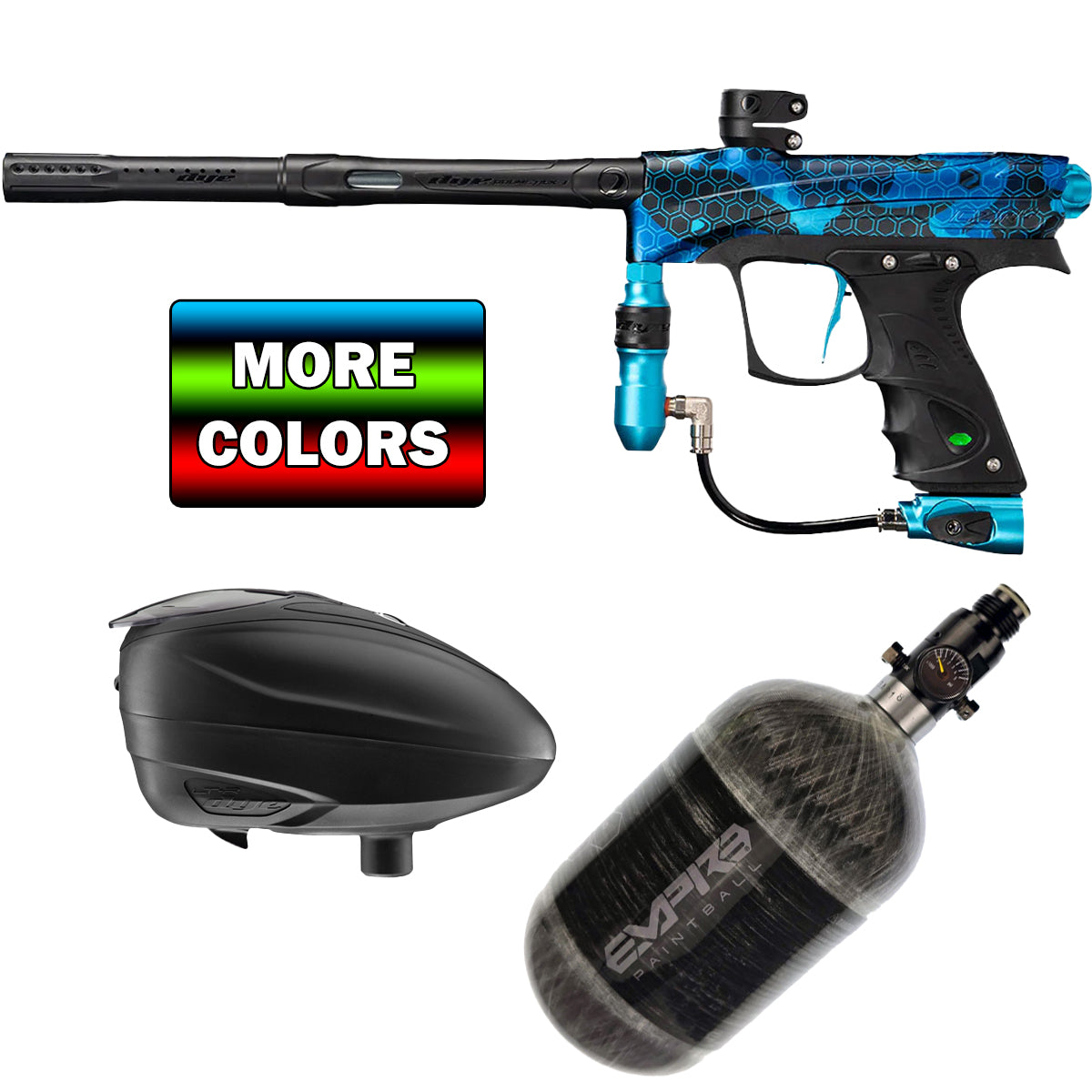 Dye Rize CZR Paintball gun with black and blue design, a black paintball canister, and a red and green 'More Colors' sign on a white background.