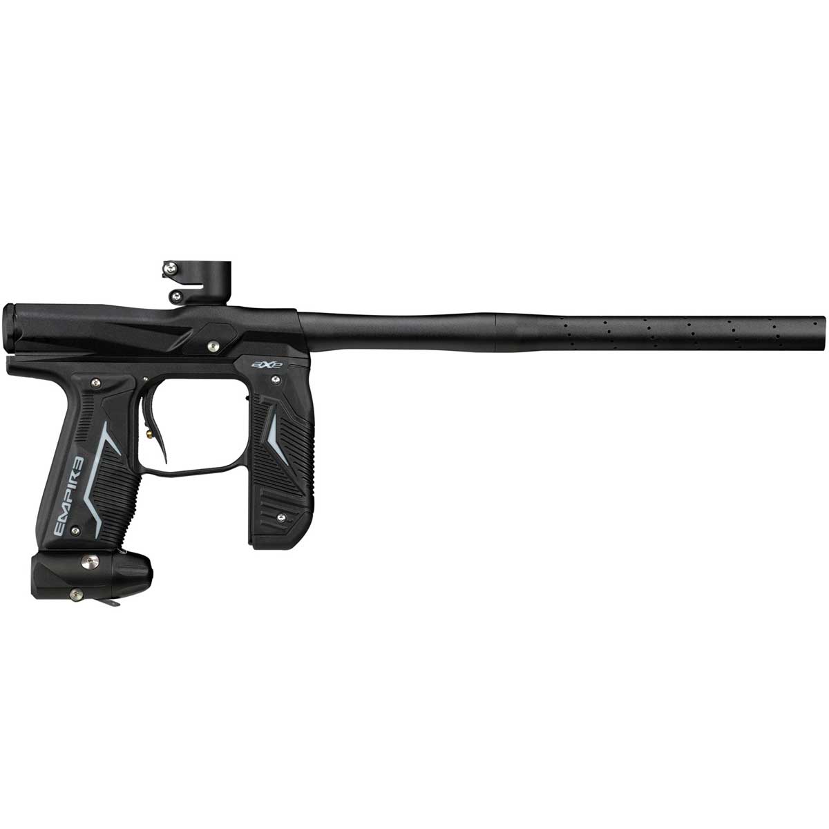 Right side Black Empire Axe 2.0 paintball marker with ASA level flipped forward on a white background.