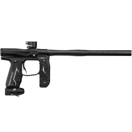 Right side Black Empire Axe 2.0 paintball marker with ASA level flipped forward on a white background.