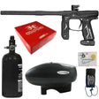 Empire Axe 2.0 Paintball Marker Dust Black electronic package combo with an aluminum air tank, loader hopper, parts kit, red box and barrel sock on a white background.