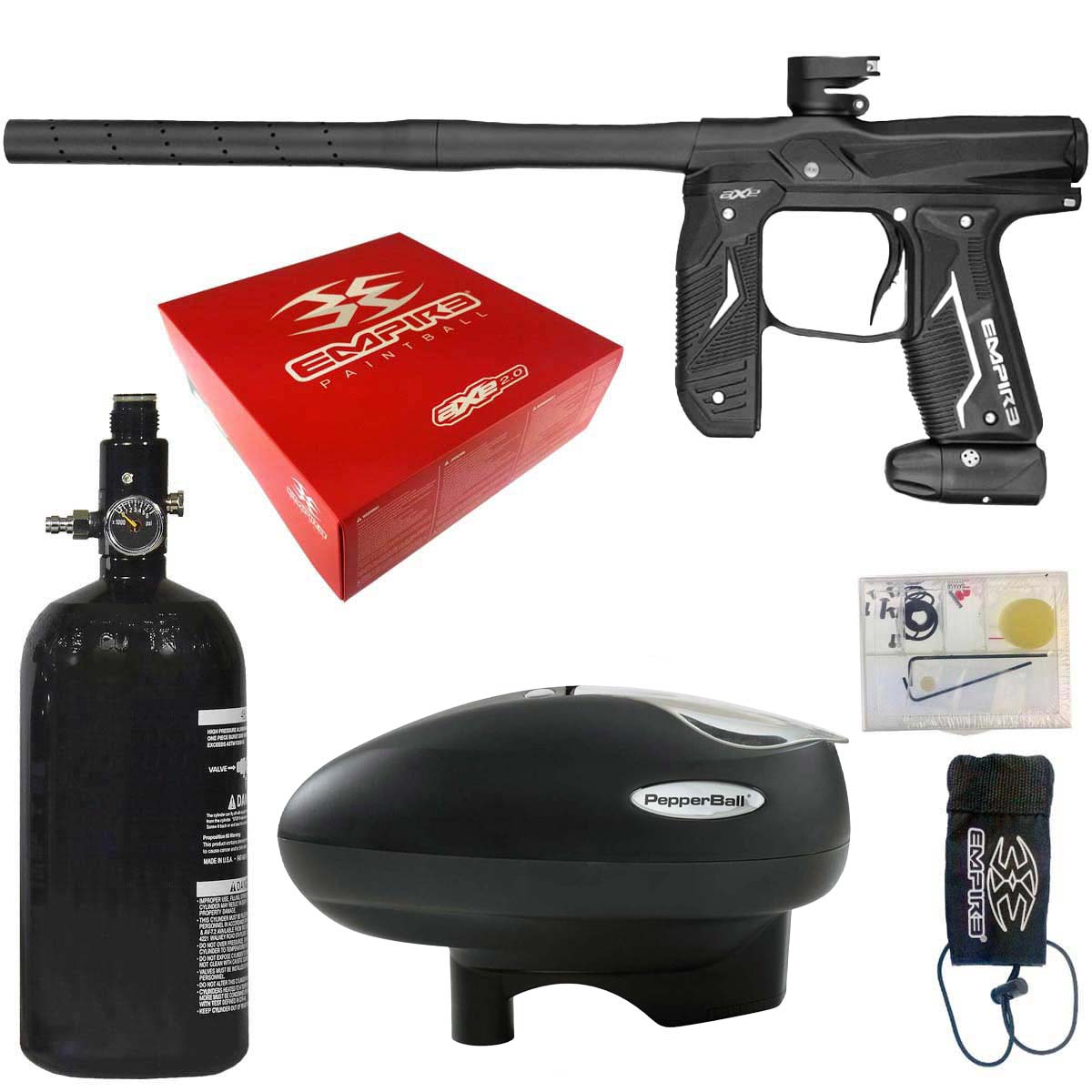 Empire Axe 2.0 Paintball Marker Dust Black electronic package combo with an aluminum air tank, loader hopper, parts kit, red box and barrel sock on a white background.