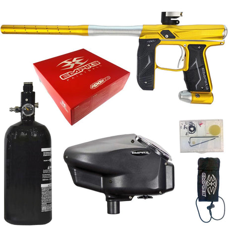 A Gold Silver Empire Axe 2.0 paintball gun with accessories including a red box, black tank, and black loader on a white background.