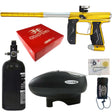 Empire Axe 2.0 Paintball Marker Dust Gold Dust Silver electronic package combo with an aluminum air tank, loader hopper, parts kit, red box and barrel sock on a white background.