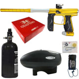Empire Axe 2.0 Paintball Marker Dust Gold Dust Silver electronic package combo with an aluminum air tank, loader hopper, parts kit, red box and barrel sock on a white background.