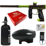 Empire Axe 2.0 Paintball Marker Dust Brown Dust Green electronic package combo with an aluminum air tank, loader hopper, parts kit, red box and barrel sock on a white background.