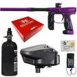 Collage of an Empire Axe 2.0 paintball gun in purple, red box, black tank, and black hopper on a white background.