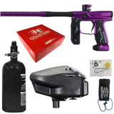 Collage of an Empire Axe 2.0 paintball gun in purple, red box, black tank, and black hopper on a white background.
