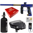 Collection of paintball equipment including a blue bronze Empire Axe 2.0 paintball gun, tank, and accessories with Empire Paintball branding.
