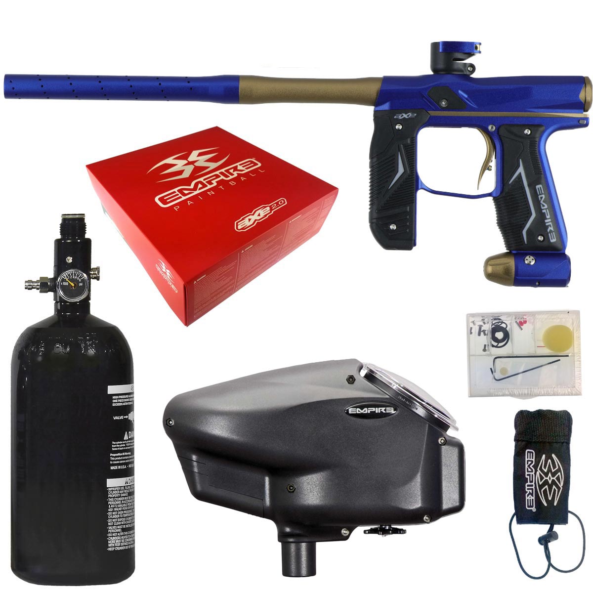 Collection of paintball equipment including a blue bronze Empire Axe 2.0 paintball gun, tank, and accessories with Empire Paintball branding.