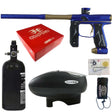 Empire Axe 2.0 Paintball Marker Dust Blue Dust Bronze electronic package combo with an aluminum air tank, loader hopper, parts kit, red box and barrel sock on a white background.