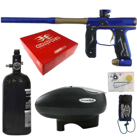 Empire Axe 2.0 Paintball Marker Dust Blue Dust Bronze electronic package combo with an aluminum air tank, loader hopper, parts kit, red box and barrel sock on a white background.