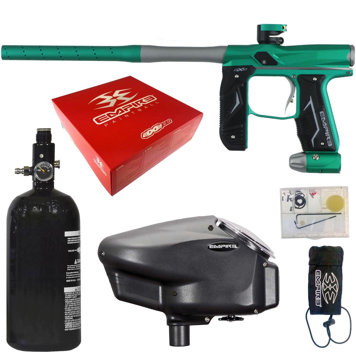 Collection of paintball equipment including an Empire Axe 2.0 gun, tank, and accessories with Empire branding.