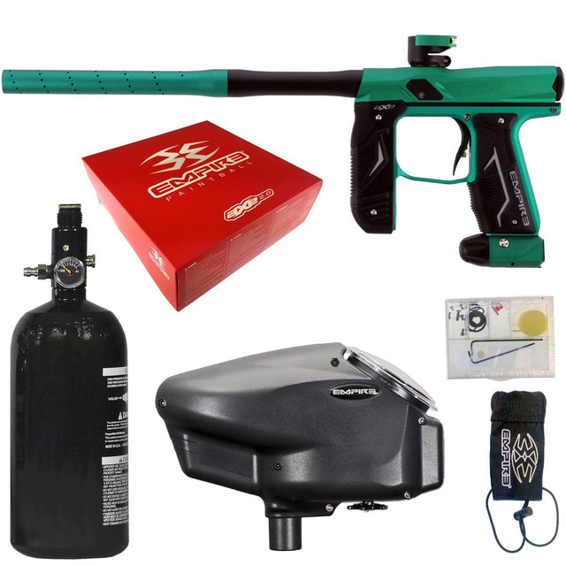 a Teal Black Empire Axe 2.0 Paintball gun with accessories including a box, tank, and equipment on a white background