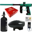 Empire Axe 2.0 Paintball Marker Dust Teal Dust Black electronic package combo with an aluminum air tank, loader hopper, parts kit, red box and barrel sock on a white background.