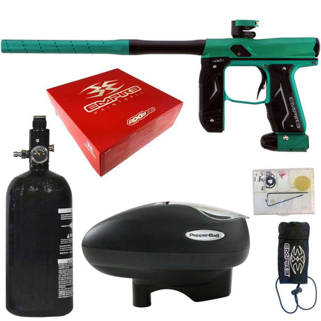 Empire Axe 2.0 Paintball Marker Dust Teal Dust Black electronic package combo with an aluminum air tank, loader hopper, parts kit, red box and barrel sock on a white background.