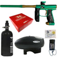 Empire Axe 2.0 Paintball Marker Dust Teal Dust Bronze electronic package combo with a aluminum air tank, loader hopper, parts kit, red box and barrel sock on a white background.