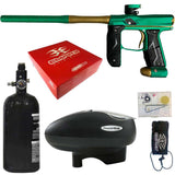 Empire Axe 2.0 Paintball Marker Dust Teal Dust Bronze electronic package combo with a aluminum air tank, loader hopper, parts kit, red box and barrel sock on a white background.