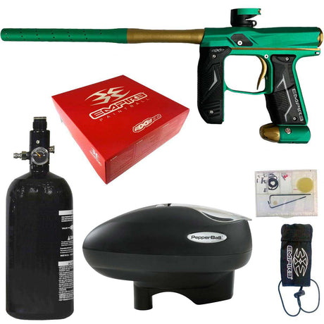 Empire Axe 2.0 Paintball Marker Dust Teal Dust Bronze electronic package combo with a aluminum air tank, loader hopper, parts kit, red box and barrel sock on a white background.