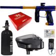 Collection of paintball equipment including a blue gold Empire Axe 2.0 paintball gun, tank, and accessories on a white background