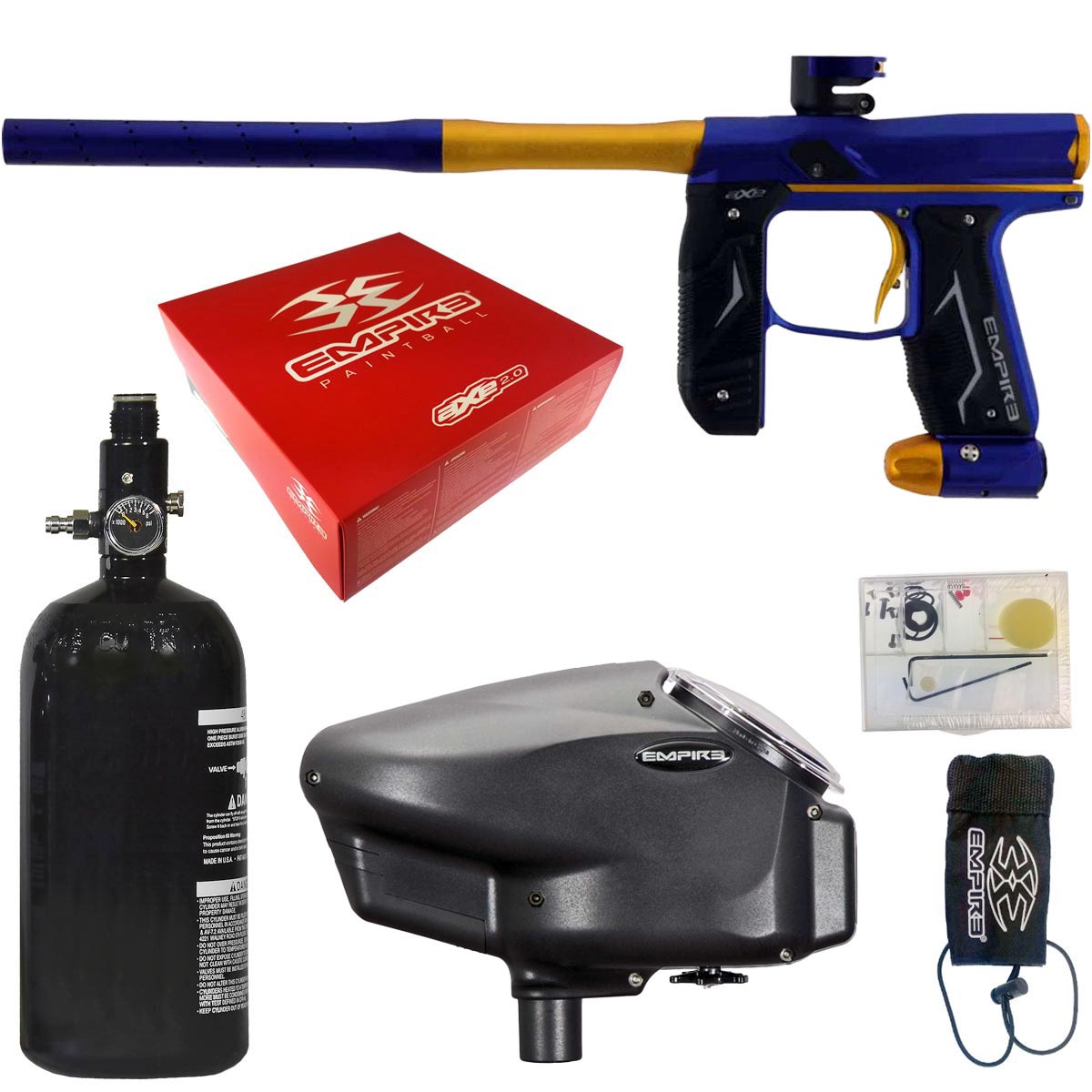 Collection of paintball equipment including a blue gold Empire Axe 2.0 paintball gun, tank, and accessories on a white background