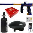 Empire Axe 2.0 Paintball Marker Dust Blue Dust Gold electronic package combo with an aluminum air tank, loader hopper, parts kit, red box and barrel sock on a white background.