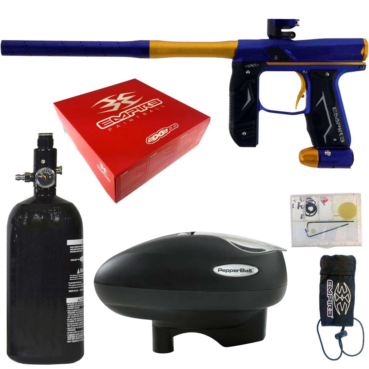 Empire Axe 2.0 Paintball Marker Dust Blue Dust Gold electronic package combo with an aluminum air tank, loader hopper, parts kit, red box and barrel sock on a white background.