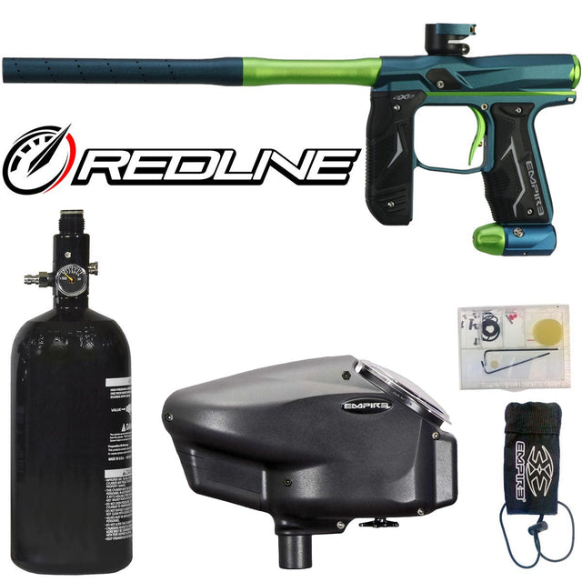 Empire AXE 2.0 with Redline green Paintball gun, tank, hopper, and accessories with Redline branding on a white background