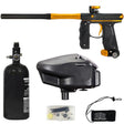 Paintball marker in black and gold, tank, hopper, and accessories on a white background